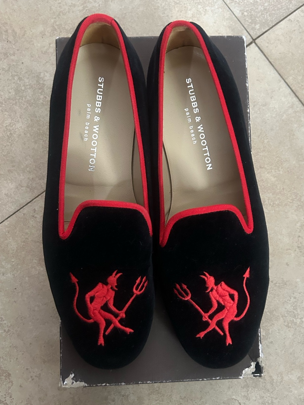 Stubbs & Wootton Black Velvet Loafers with Red Embroidered Devil Motif